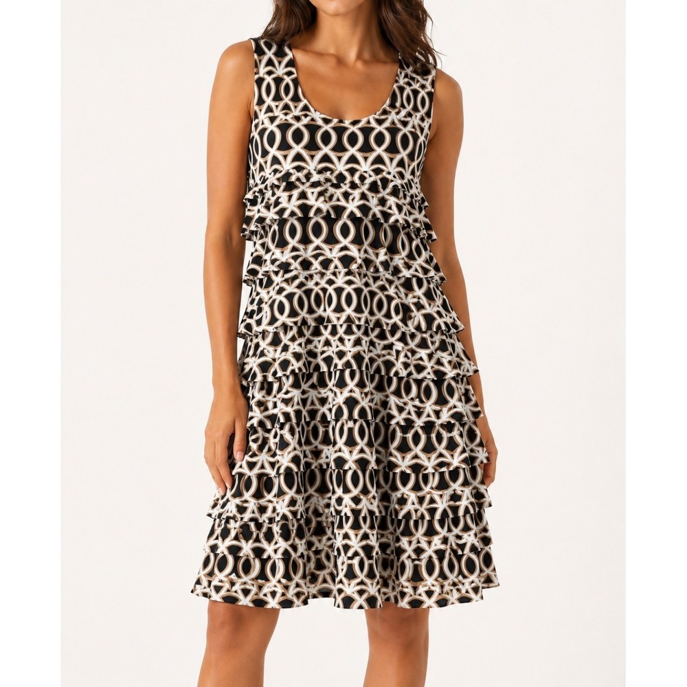 Lulu-B Tiered Ruffle Dress Womens XL Black White Geometric Link Sleeveless